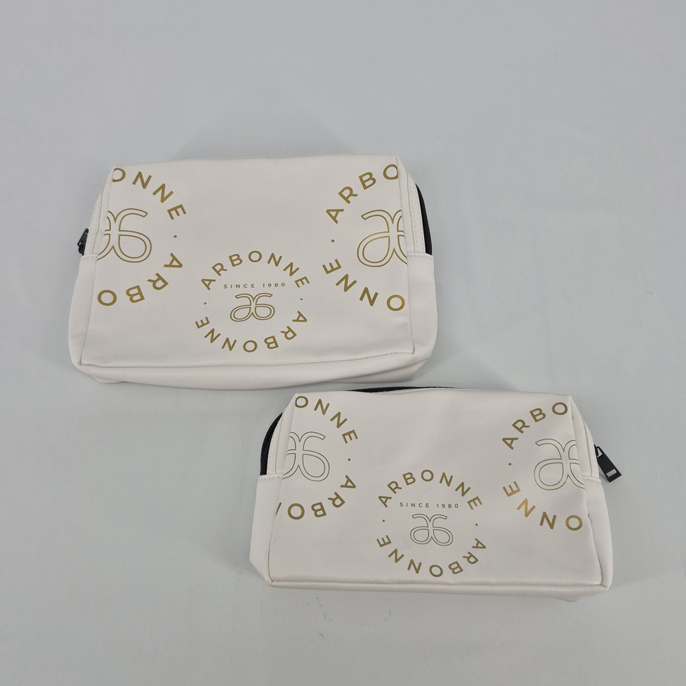 Arbonne Logo Zippered Skincare White Cosmetic Makeup Bag Set Of 2